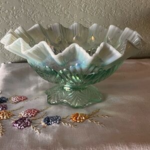 Vintage Fenton Iridized Opaline Leaf Carnival Glass Dish Bowl